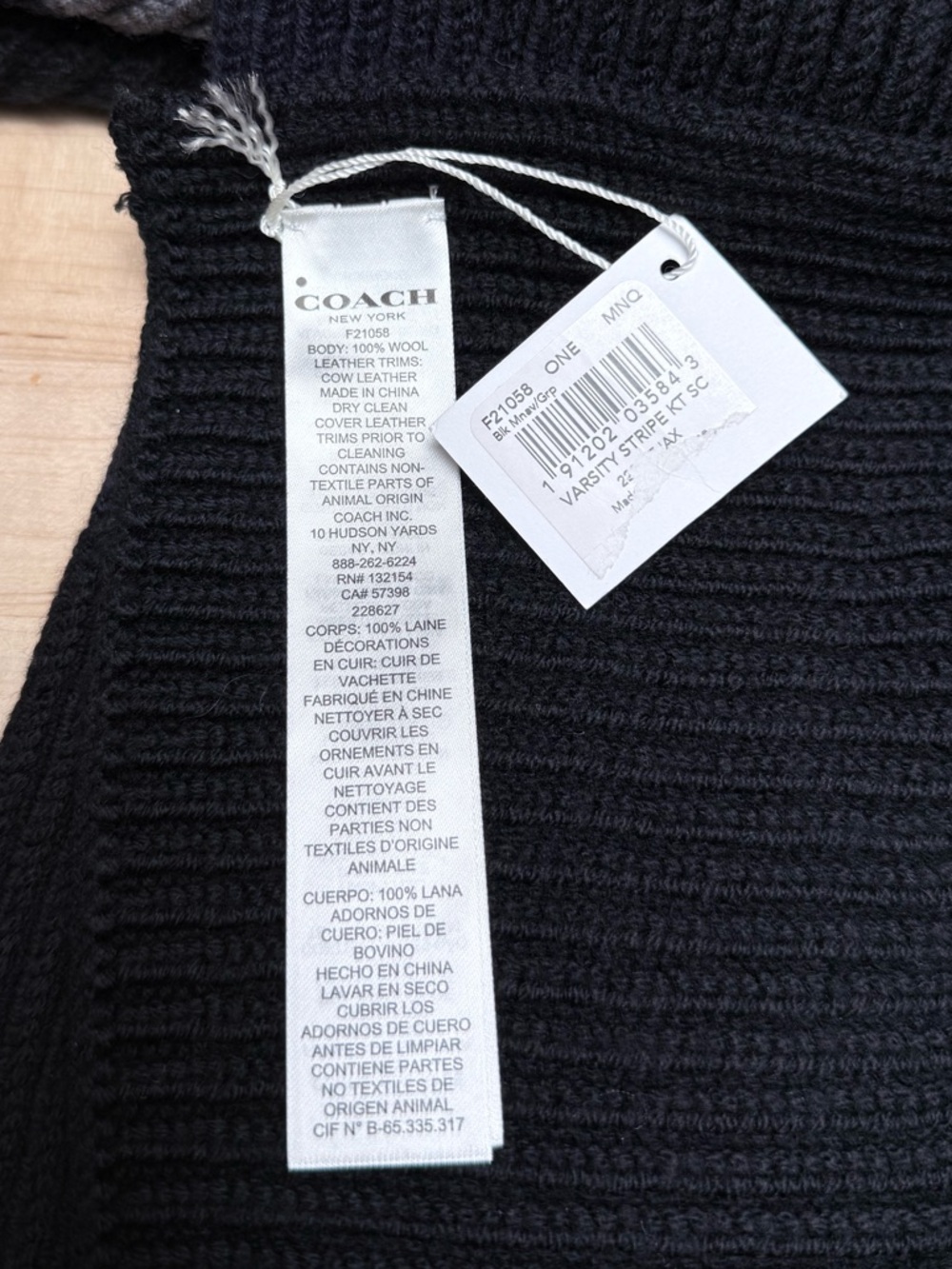 NWT Coach 100% Wool Black Gray Stripe Wool Varsity Scarf Preppy - Picture 5 of 5